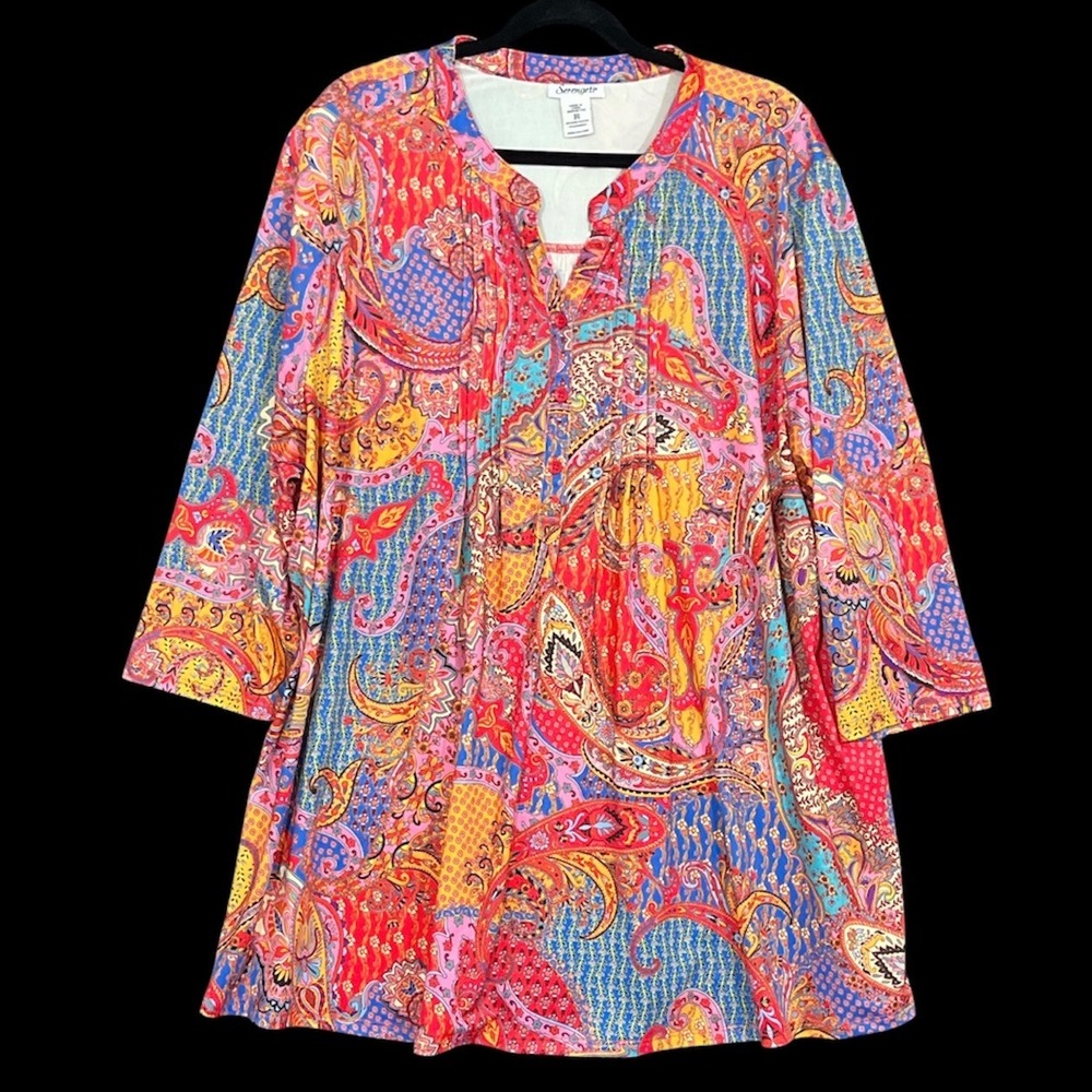 Serengeti Boho Tunic Top 2X Paisley Pleated 3/4 Sleeve Artsy Hippie Stretch